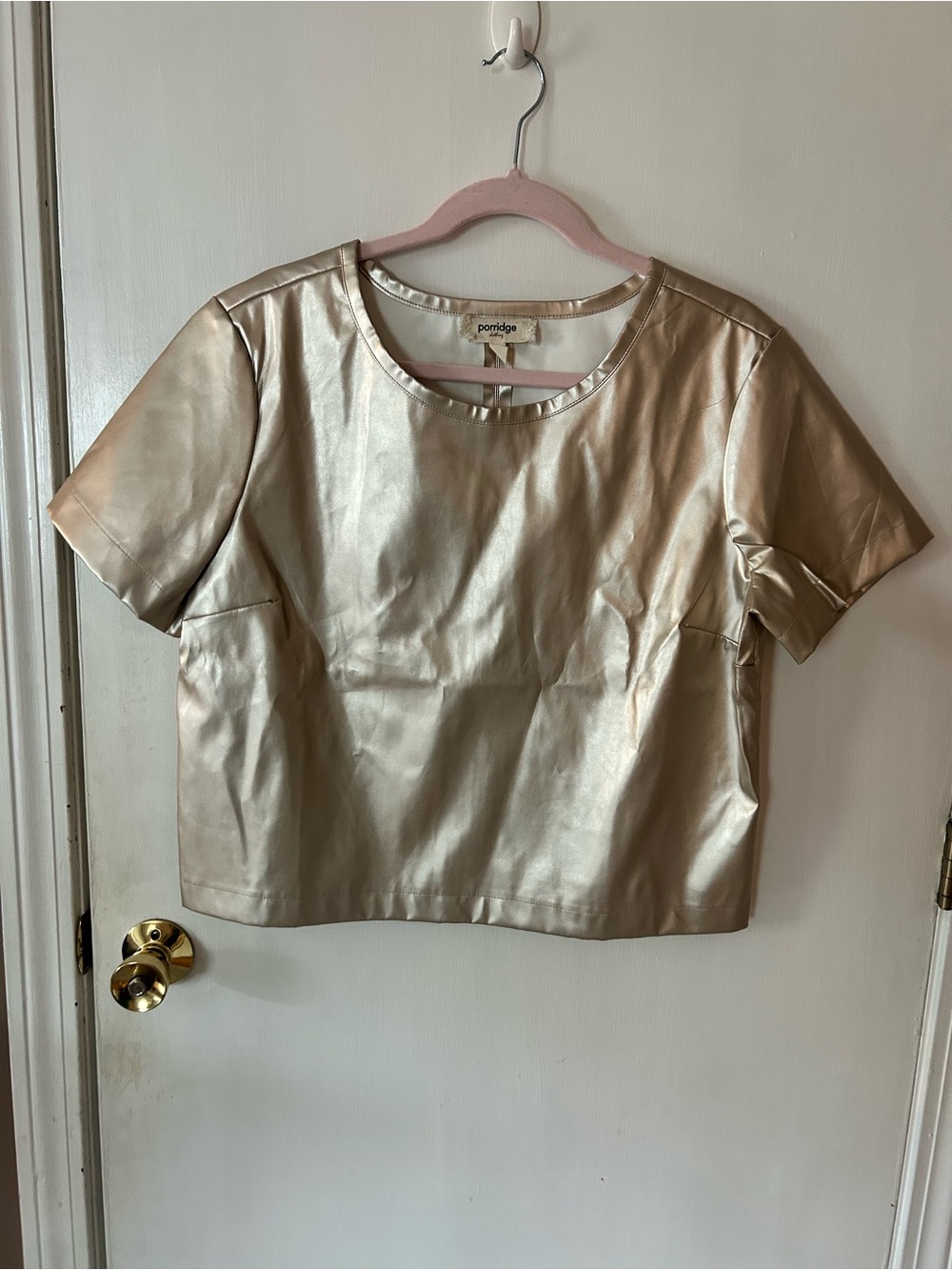 Anthropologie Porridge Metallic Gold Faux-Leather Short Sleeve Top